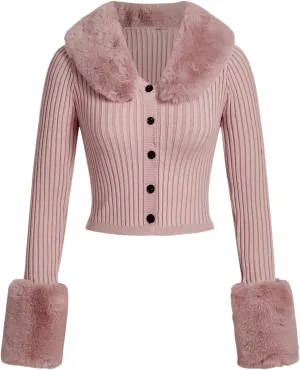 MakeMeChic Women's Christmas Sweaters Faux Fur Button Down Long Sleeve Fuzzy Rib Knit Cardigan Sweater