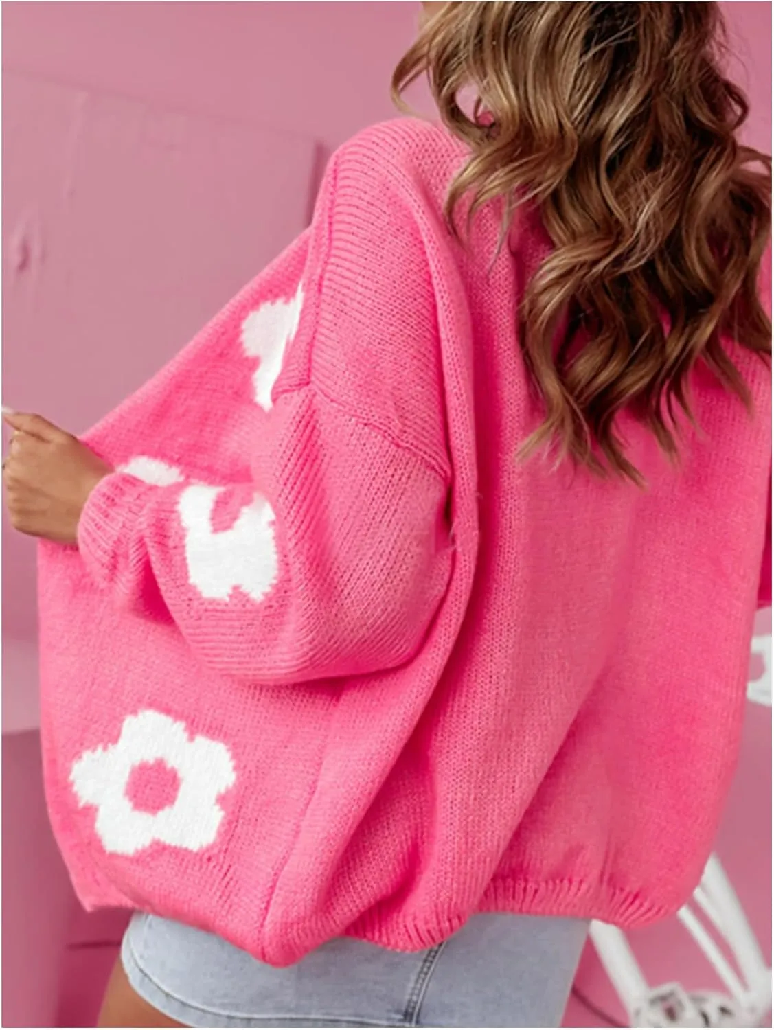 MakeMeChic Women's Floral Cute Open Front Cardigan Sweaters Long Sleeve Knitted Outerwear