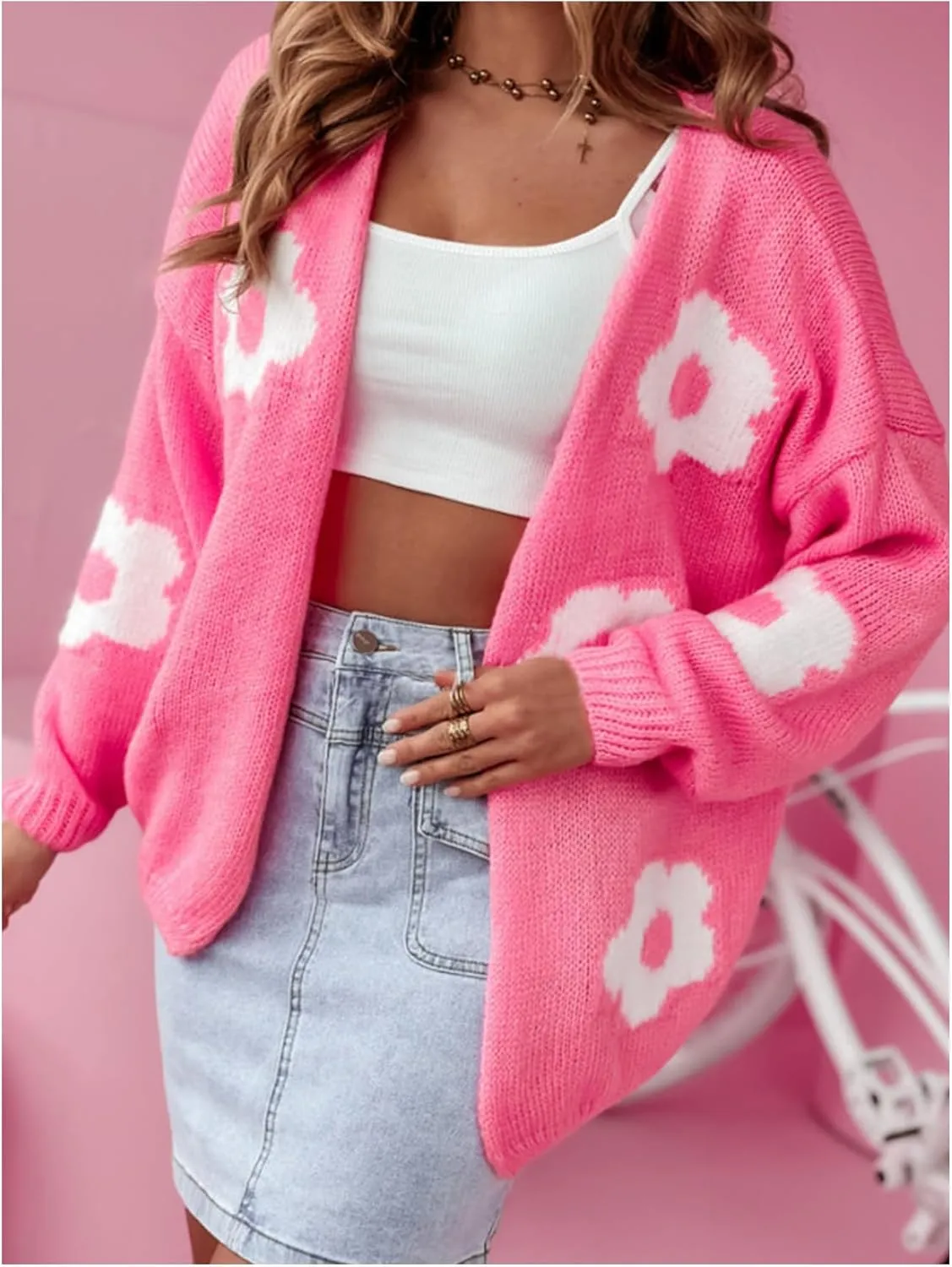 MakeMeChic Women's Floral Cute Open Front Cardigan Sweaters Long Sleeve Knitted Outerwear