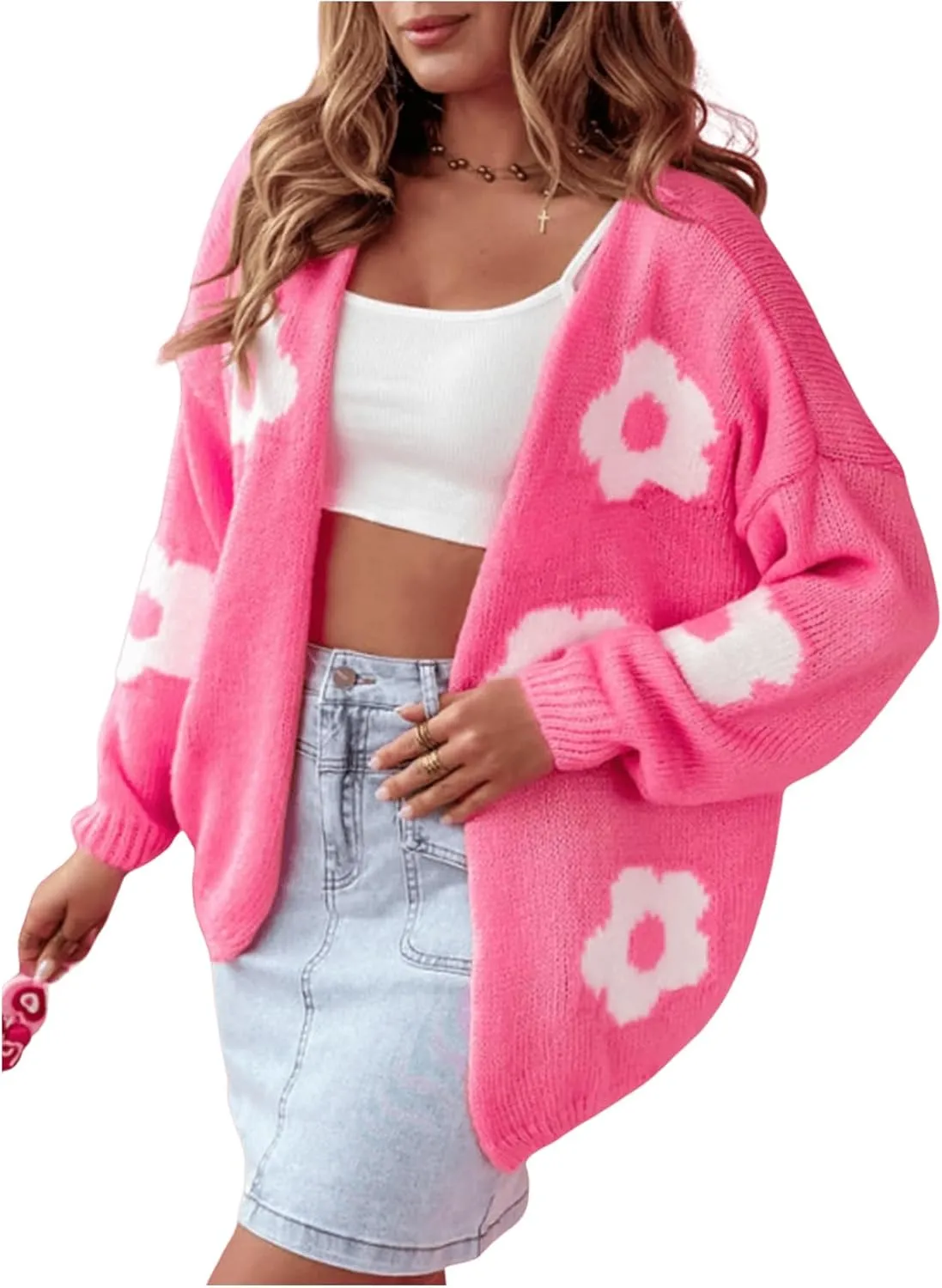 MakeMeChic Women's Floral Cute Open Front Cardigan Sweaters Long Sleeve Knitted Outerwear