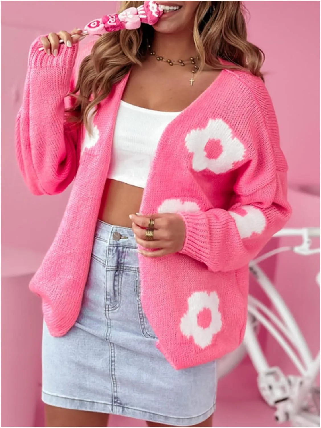 MakeMeChic Women's Floral Cute Open Front Cardigan Sweaters Long Sleeve Knitted Outerwear