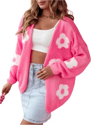 MakeMeChic Women's Floral Cute Open Front Cardigan Sweaters Long Sleeve Knitted Outerwear