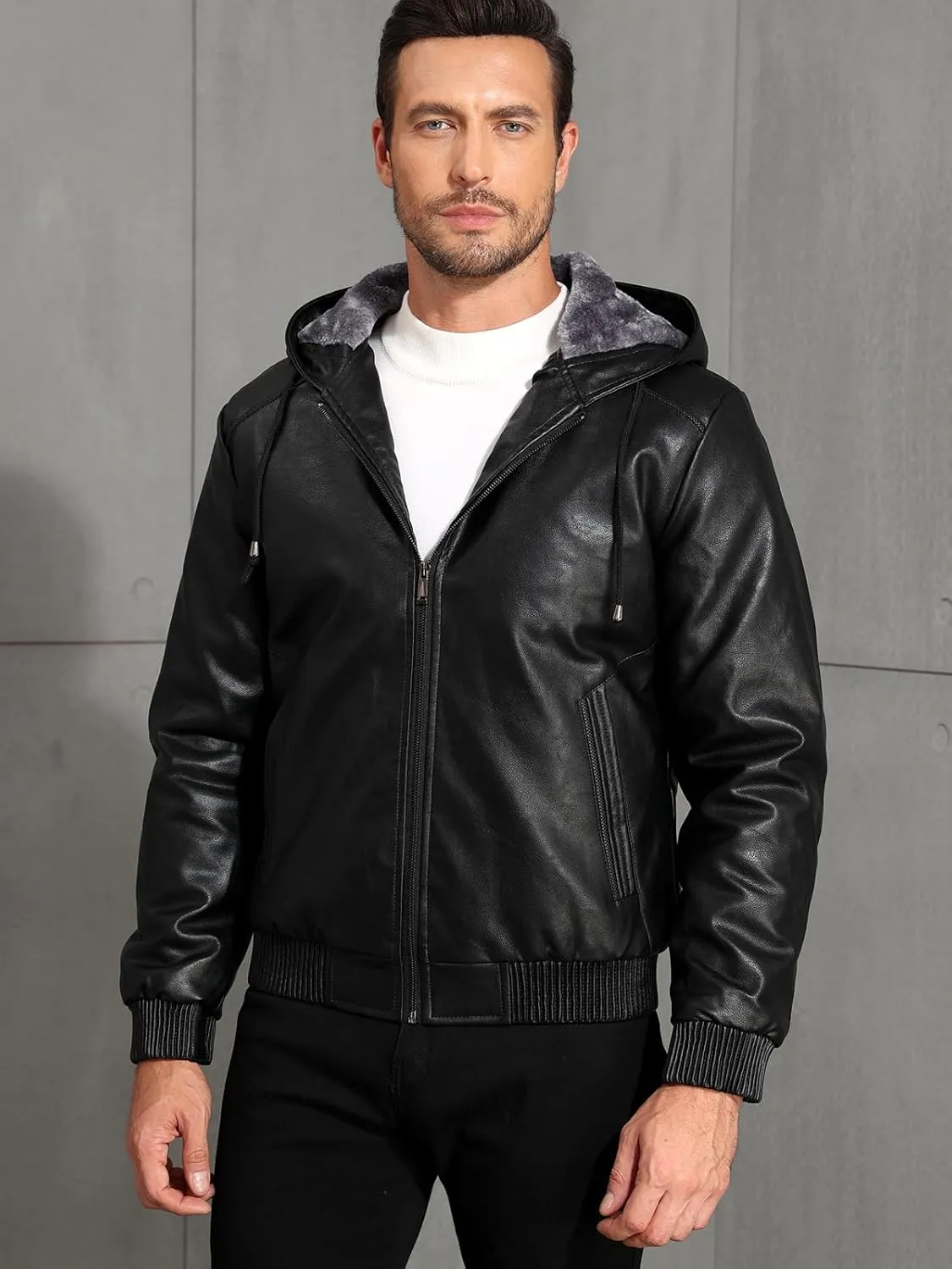 MANSDOUR Men's Faux Leather Jacket Warm Black Fleece Lined Motorcycle Bomber Jacket with Hood