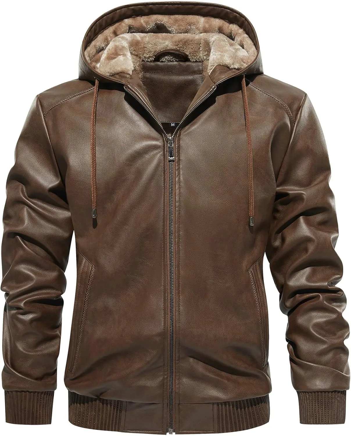 MANSDOUR Men's Faux Leather Jacket Warm Black Fleece Lined Motorcycle Bomber Jacket with Hood