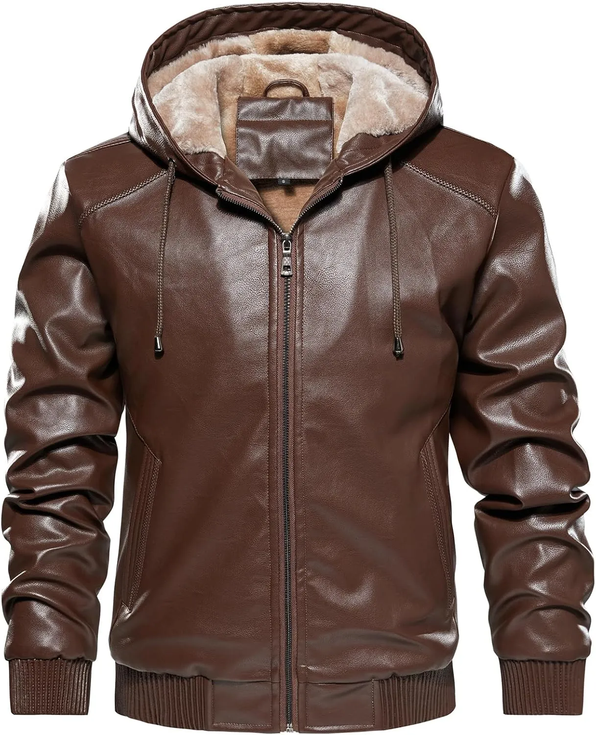 MANSDOUR Men's Faux Leather Jacket Warm Black Fleece Lined Motorcycle Bomber Jacket with Hood