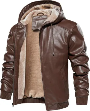 MANSDOUR Men's Faux Leather Jacket Warm Black Fleece Lined Motorcycle Bomber Jacket with Hood