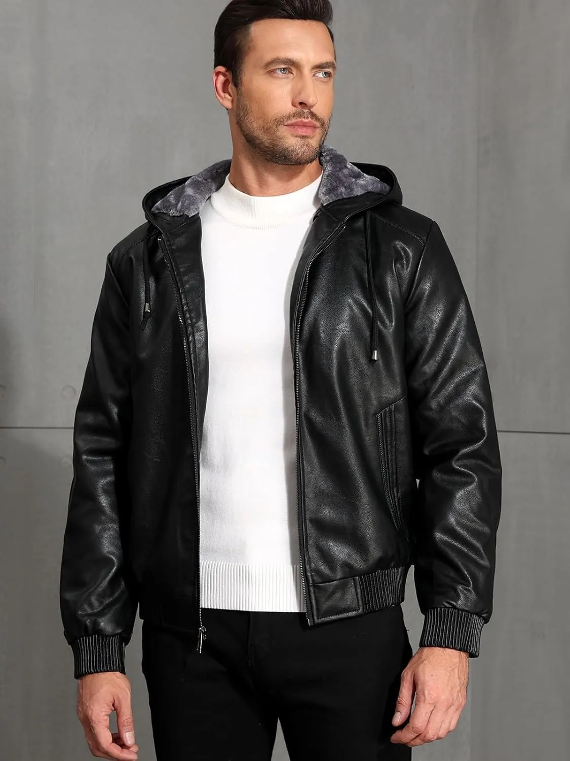 MANSDOUR Men's Faux Leather Jacket Warm Black Fleece Lined Motorcycle Bomber Jacket with Hood