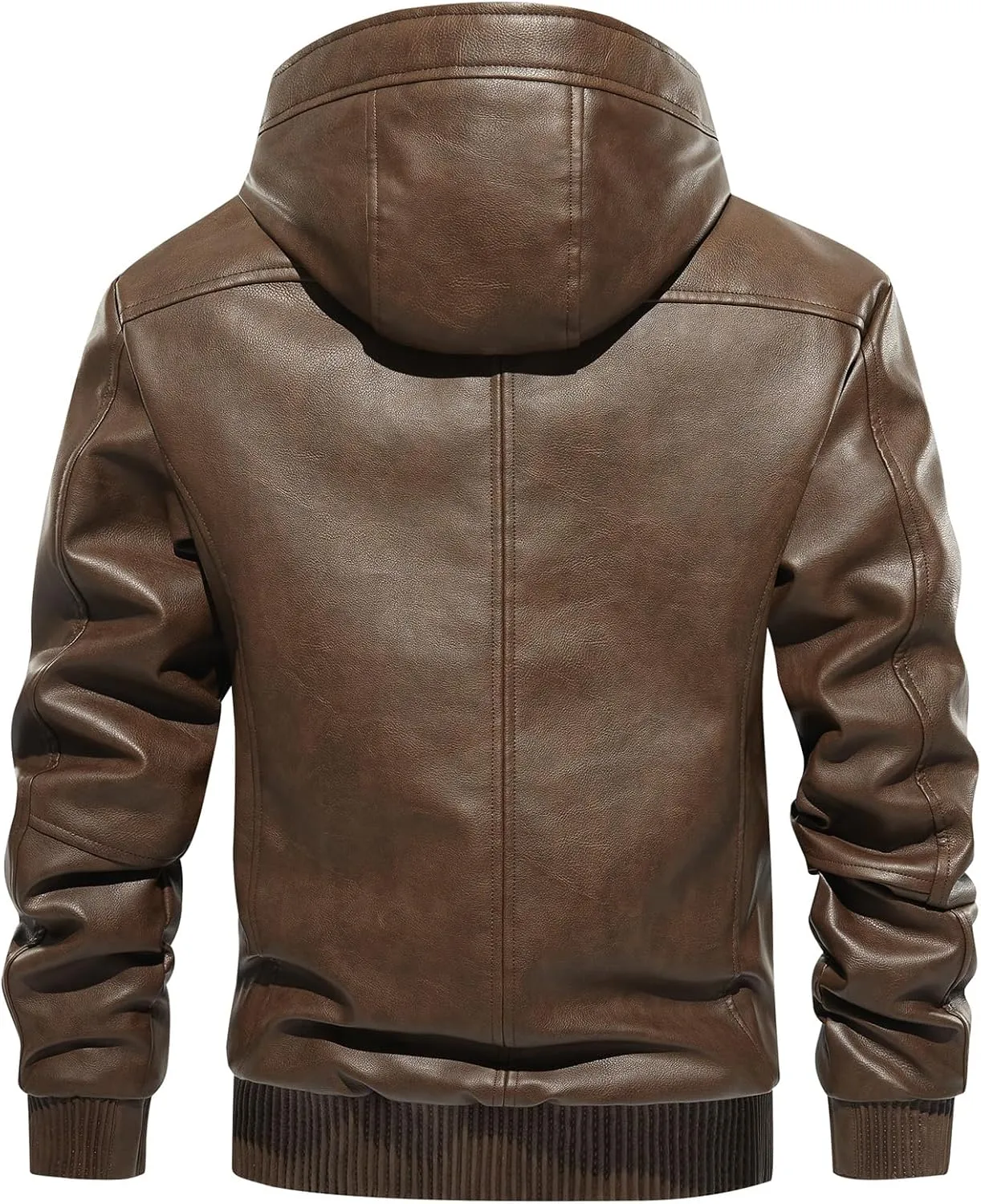 MANSDOUR Men's Faux Leather Jacket Warm Black Fleece Lined Motorcycle Bomber Jacket with Hood