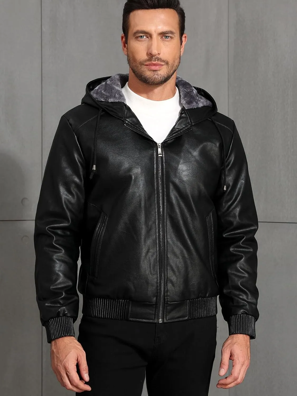 MANSDOUR Men's Faux Leather Jacket Warm Black Fleece Lined Motorcycle Bomber Jacket with Hood