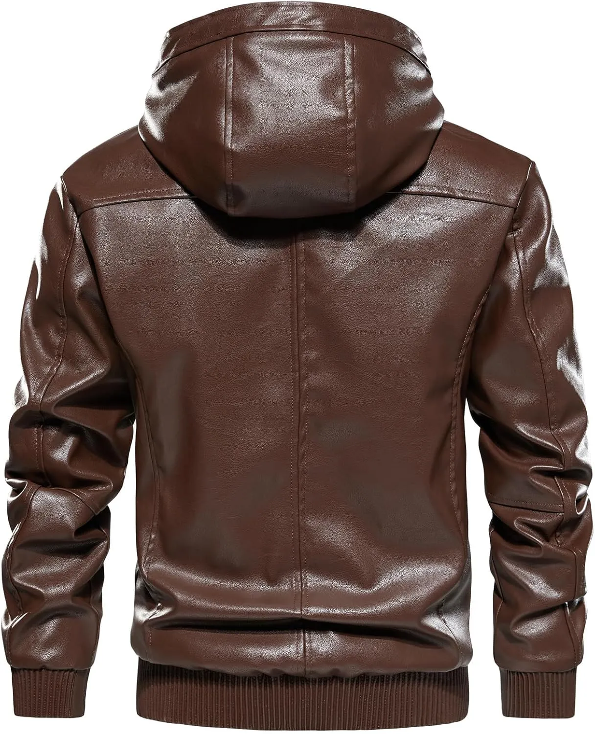 MANSDOUR Men's Faux Leather Jacket Warm Black Fleece Lined Motorcycle Bomber Jacket with Hood