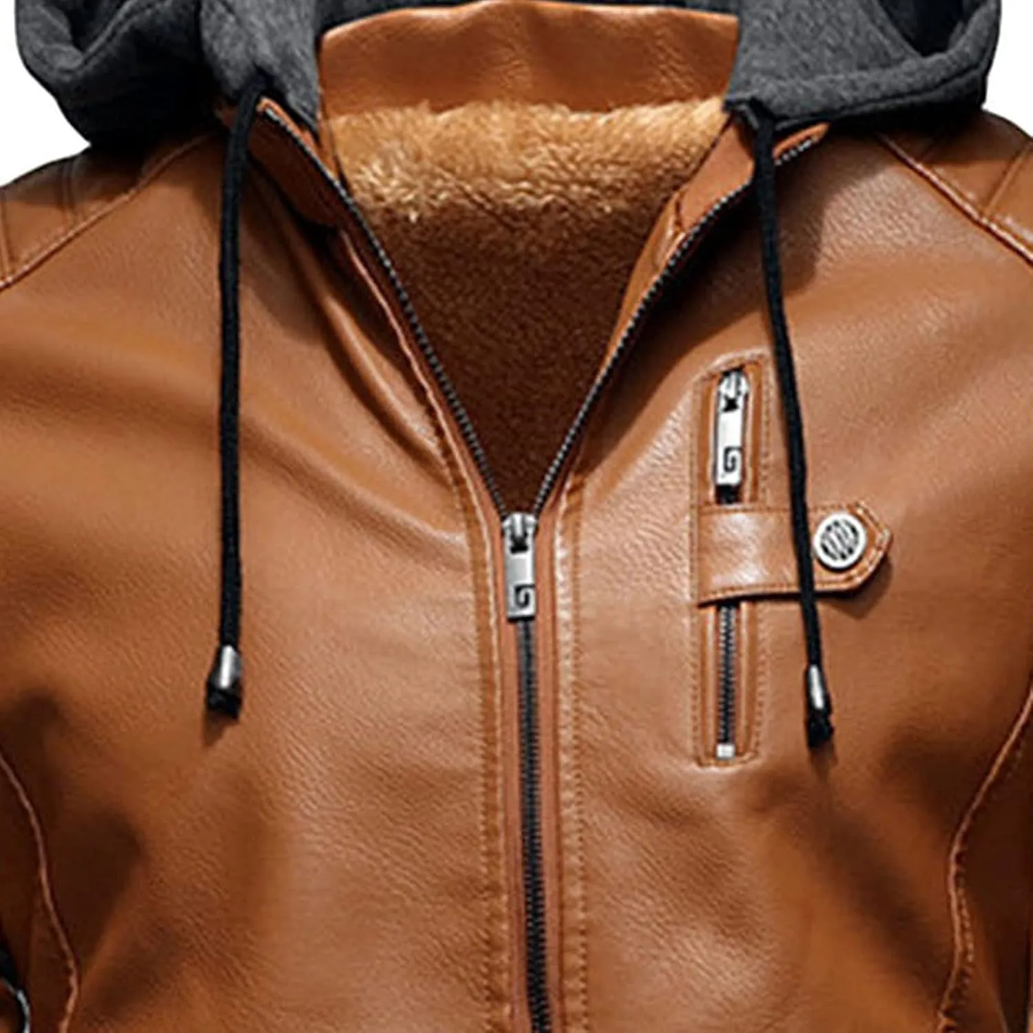 Men Faux Leather Jacket Motorcycle Jacket Casual Waterproof Windproof Pu Moto Coat Vintage Bomber Hoodie With Hood
