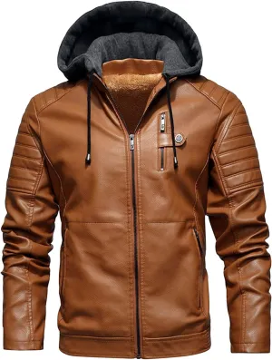 Men Faux Leather Jacket Motorcycle Jacket Casual Waterproof Windproof Pu Moto Coat Vintage Bomber Hoodie With Hood
