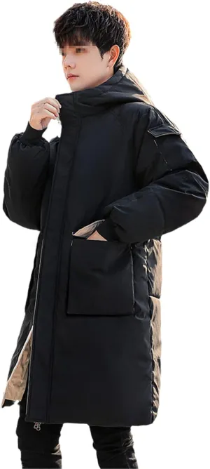 Men Parkas Winter Black Long Jacket Mens Hooded Cotton Padded Thick Warm Winter Coats With Big Pockets