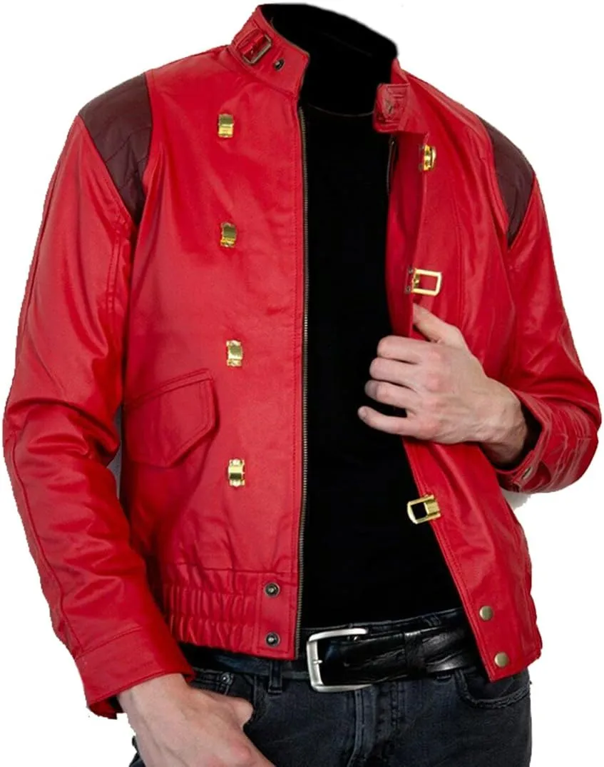 Men's Akira Shotaro Kaneda Red&Black Capsule Logo Text Cosplay Faux Leather Jacket