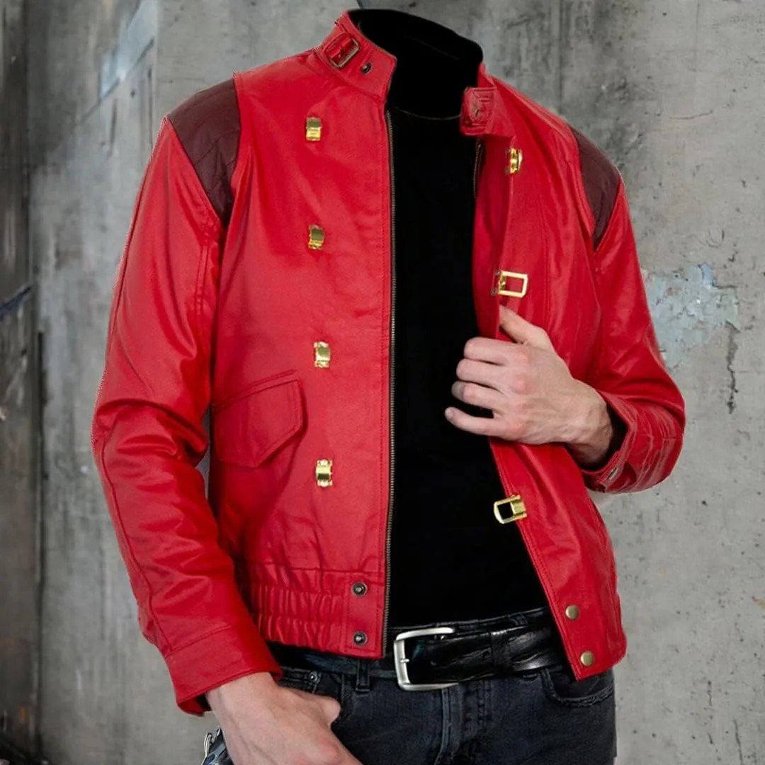 Men's Akira Shotaro Kaneda Red&Black Capsule Logo Text Cosplay Faux Leather Jacket