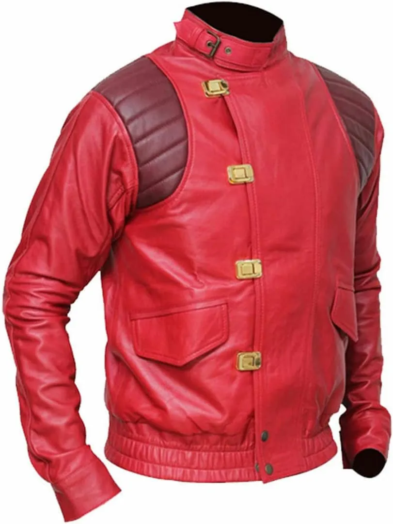 Men's Akira Shotaro Kaneda Red&Black Capsule Logo Text Cosplay Faux Leather Jacket