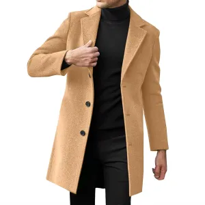 Mens Big and Tall Notched Lapel Single Breasted Pea Coats Trench Business Woolen Button Down Jackets Fall Work Topcoat M-5XL