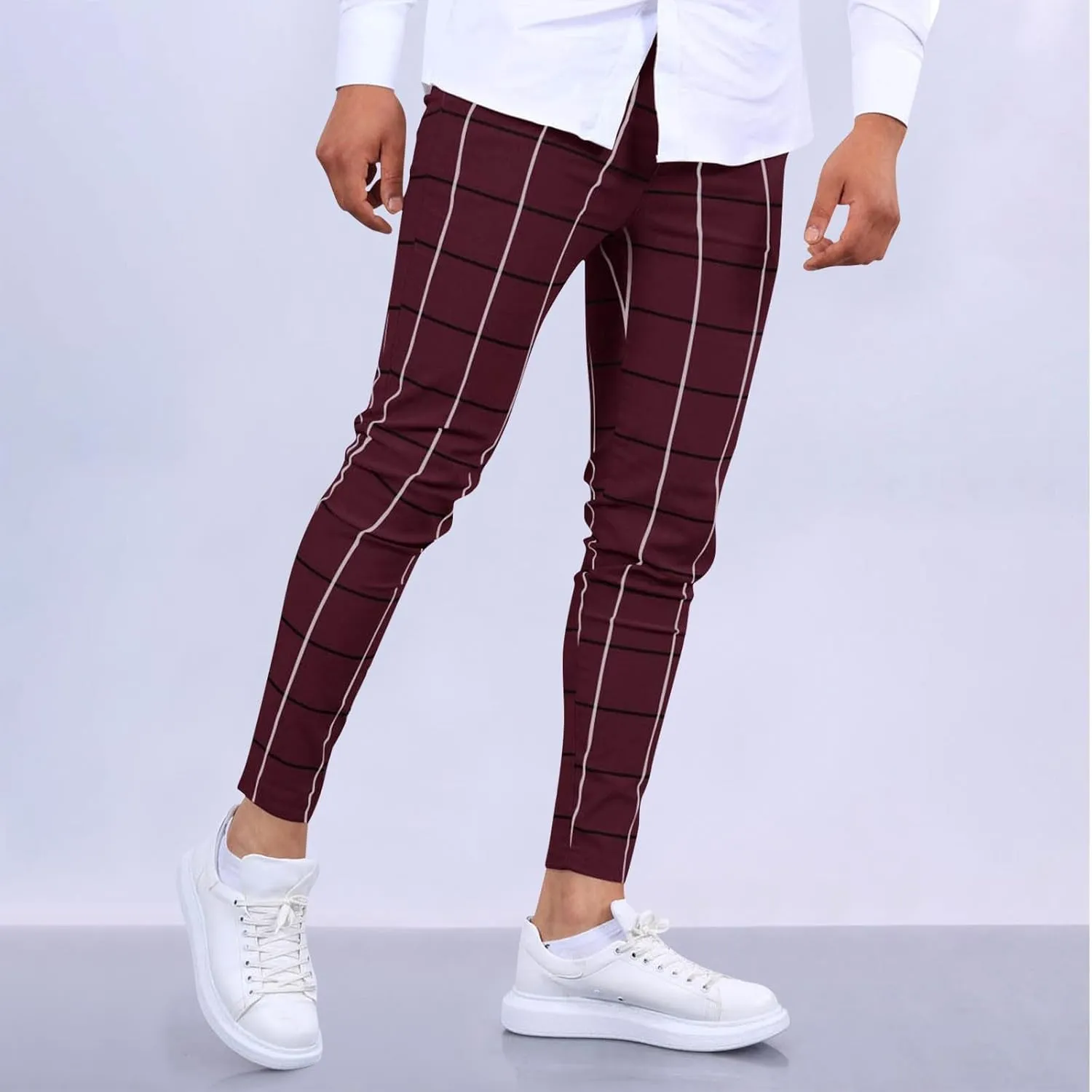 Mens Golf Pants Slim Fit Plaid Skinny Long Pants Casual Fashion Stretch Cotton Chino Pants with Pockets
