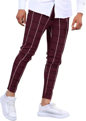 Mens Golf Pants Slim Fit Plaid Skinny Long Pants Casual Fashion Stretch Cotton Chino Pants with Pockets