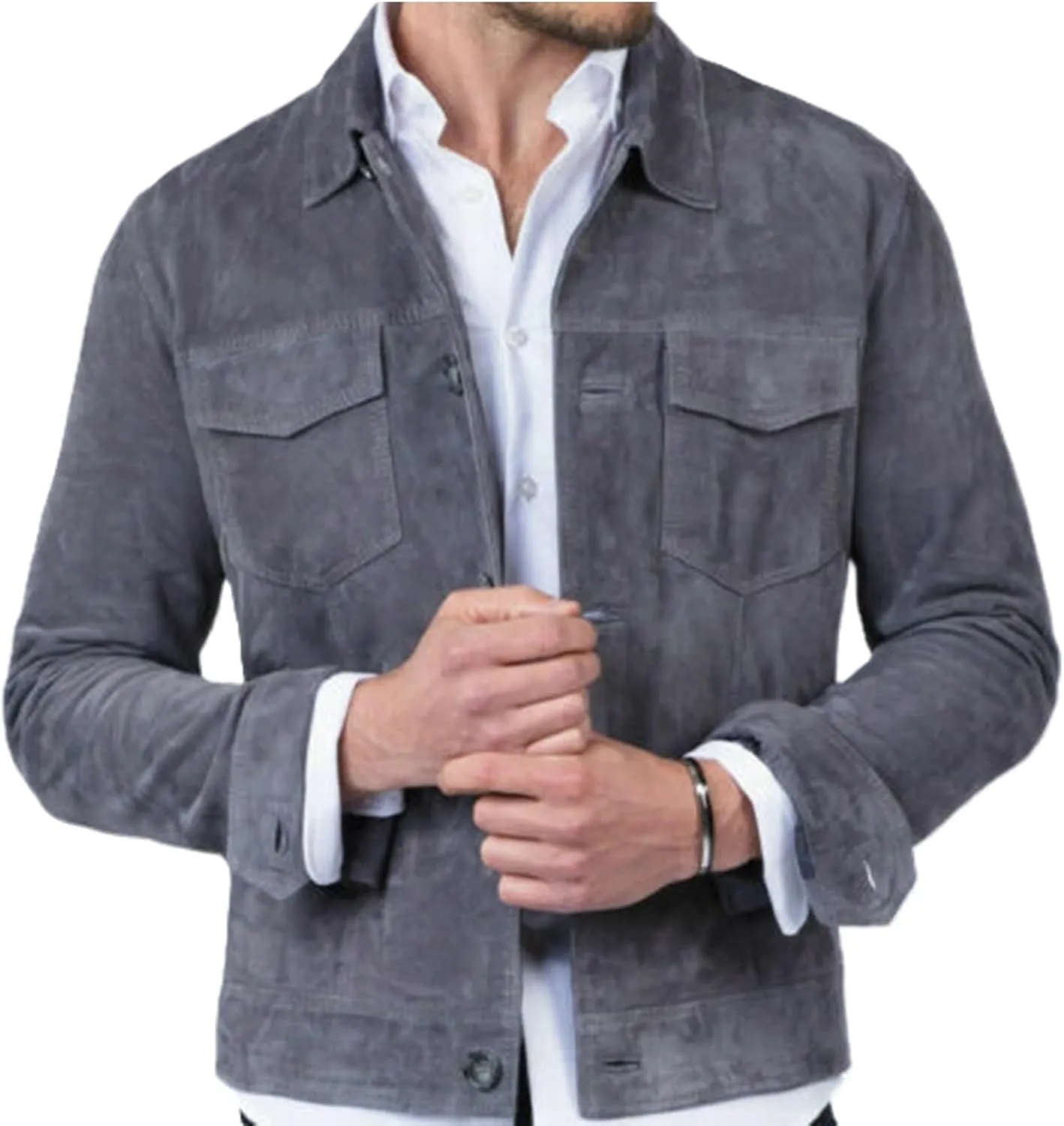 Men's Gray Suede Leather Shirt Trucker Jacket Soft Leather Denim Jean Style Retro Buttoned Jacket