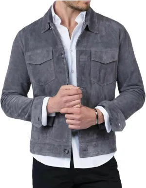 Men's Gray Suede Leather Shirt Trucker Jacket Soft Leather Denim Jean Style Retro Buttoned Jacket