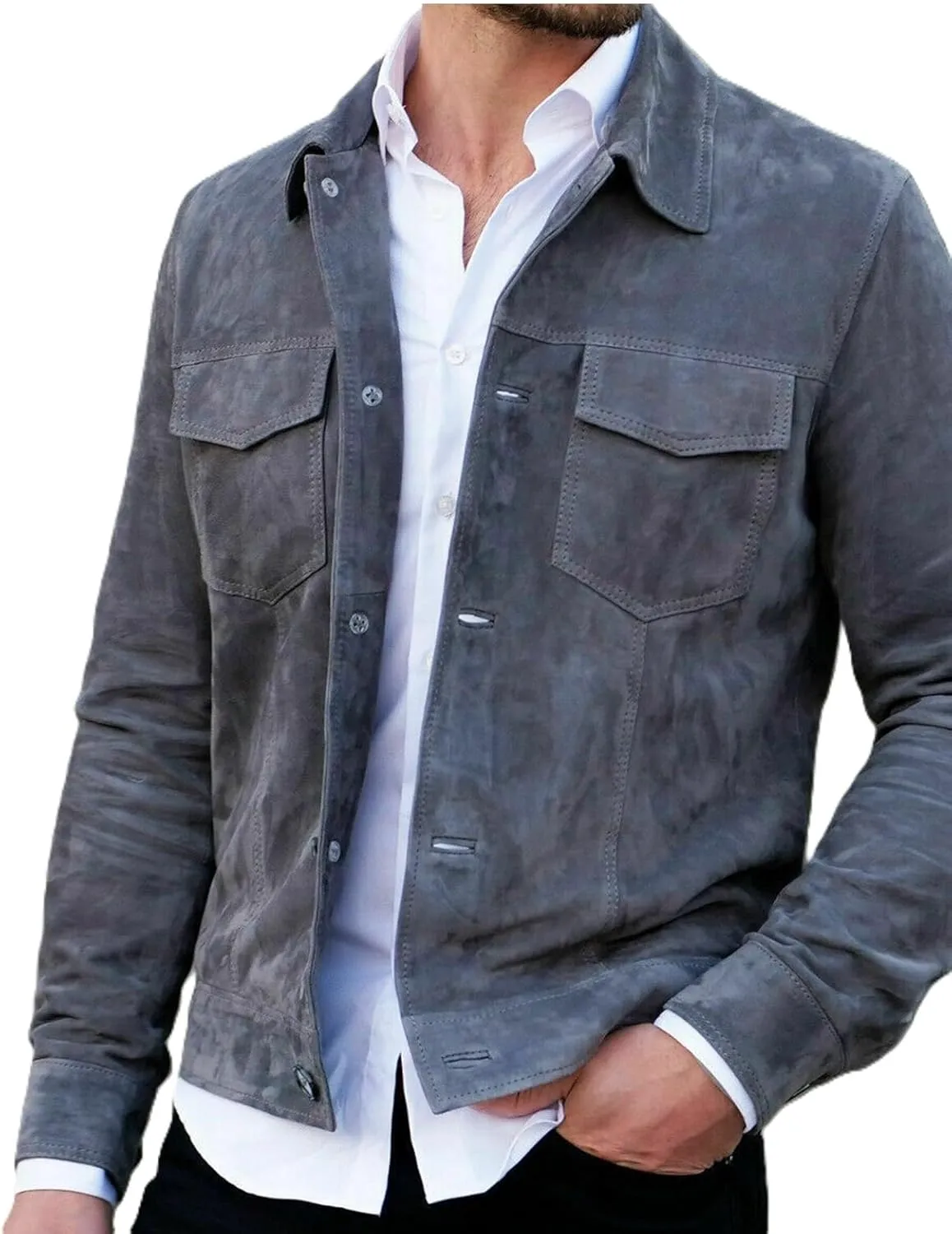 Men's Gray Suede Leather Shirt Trucker Jacket Soft Leather Denim Jean Style Retro Buttoned Jacket