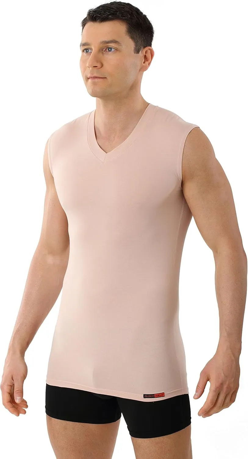 Men's Invisible Sleeveless v-Neck Business Undershirt Stretch Cotton Nude Beige