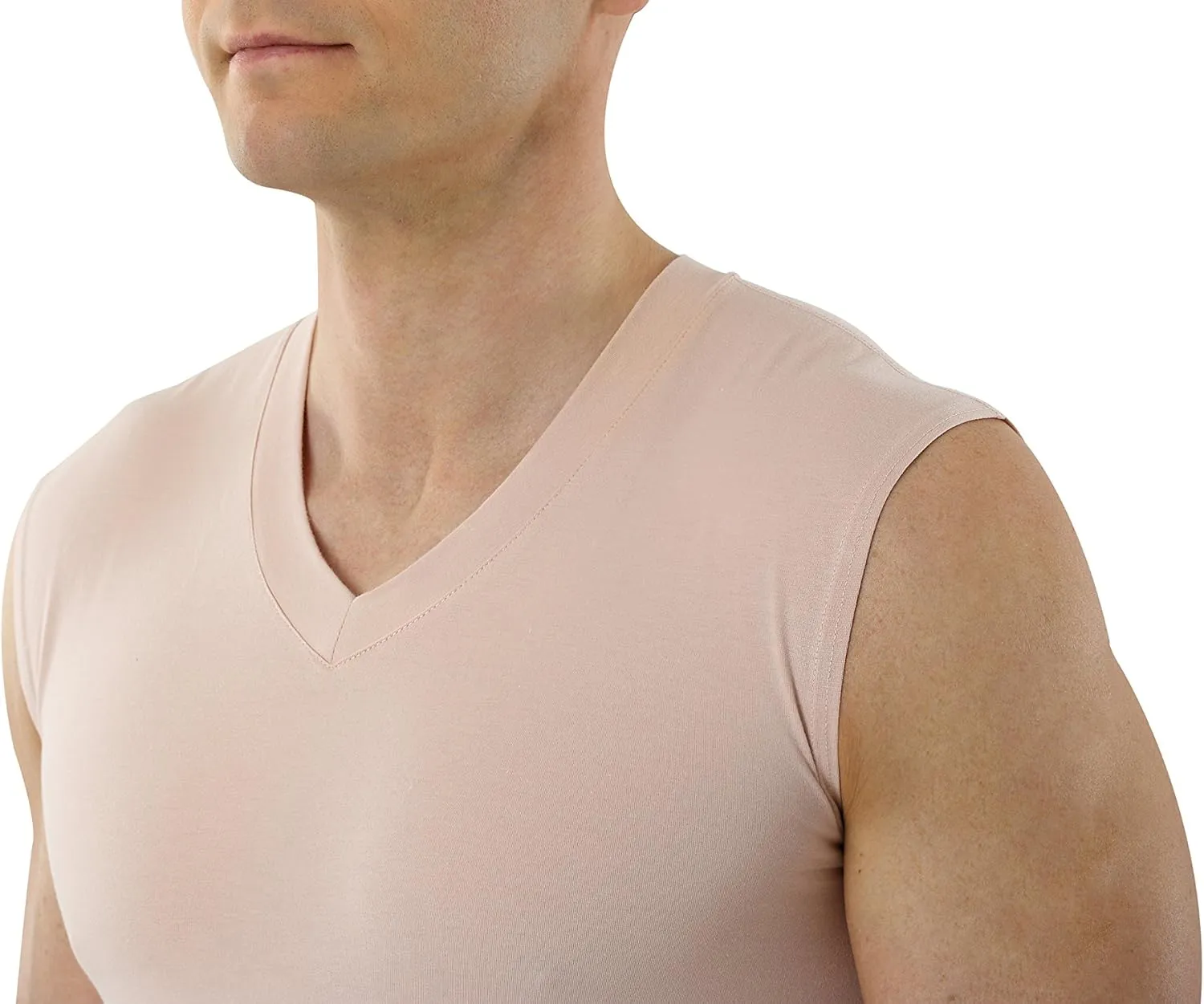 Men's Invisible Sleeveless v-Neck Business Undershirt Stretch Cotton Nude Beige