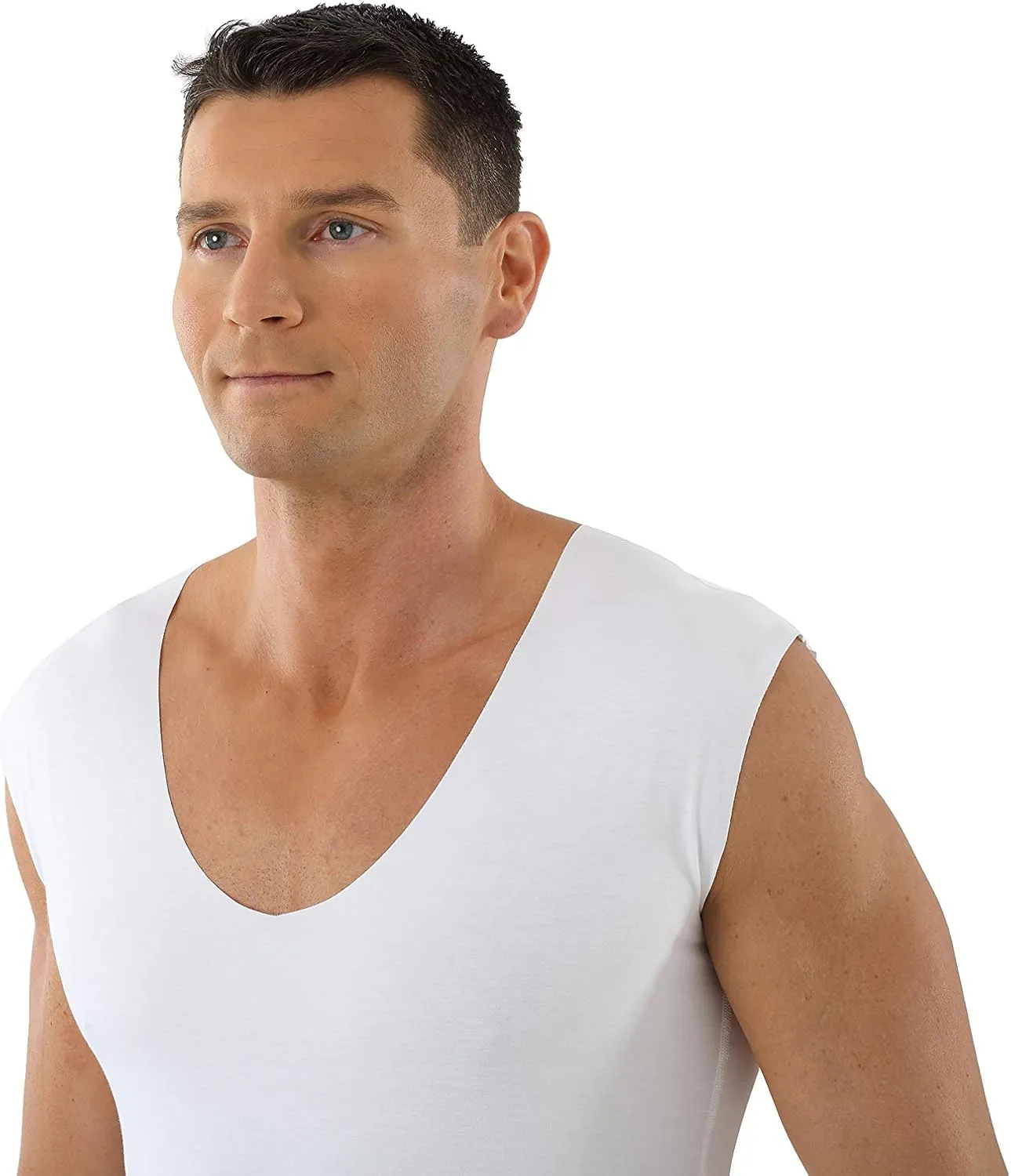 Men's Laser Cut Seamless deep v-Neck Undershirt Sleeveless Stretch Cotton White