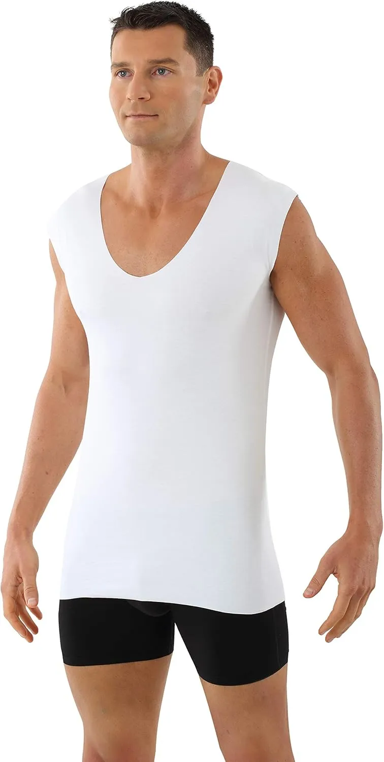 Men's Laser Cut Seamless deep v-Neck Undershirt Sleeveless Stretch Cotton White