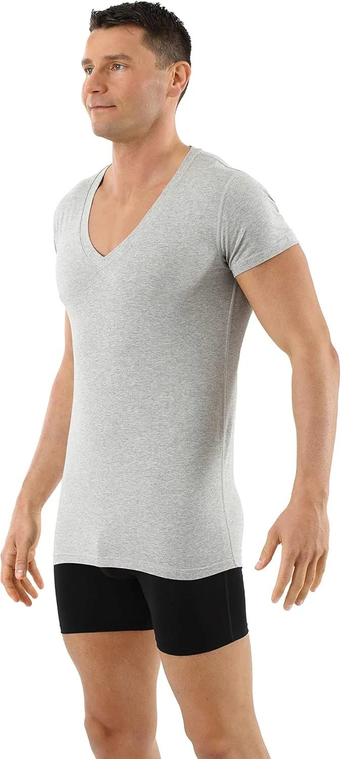 Men's Organic Stretch Cotton Undershirt Short Sleeves and deep v-Neck Gray