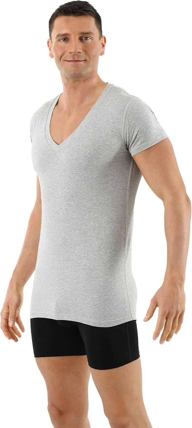 Men's Organic Stretch Cotton Undershirt Short Sleeves and deep v-Neck Gray