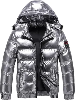 Mens Shiny Down Coat Removable Hood Winter Thicken Warmth Puffer Jacket Fashion Waterproof Parka Coat Outerwear