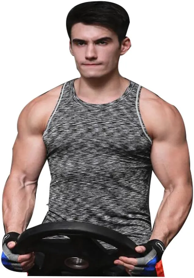 Men's Sport Quick Dry Compression Tank Tops Vests Shirt Baselayer Sleeveless (Medium, Gray)