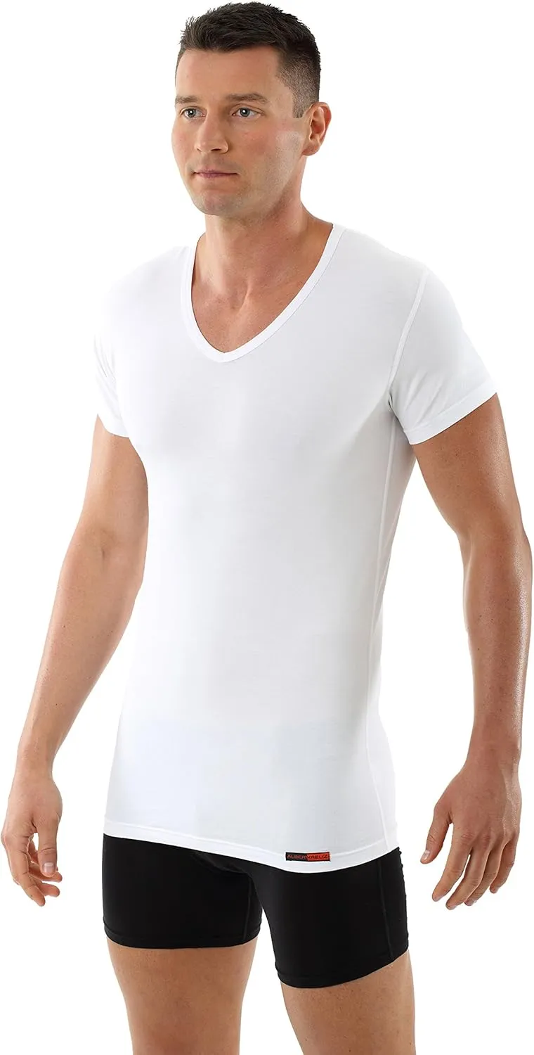 Men's v-Neck Business Undershirt with Short Sleeves Stretch Cotton White