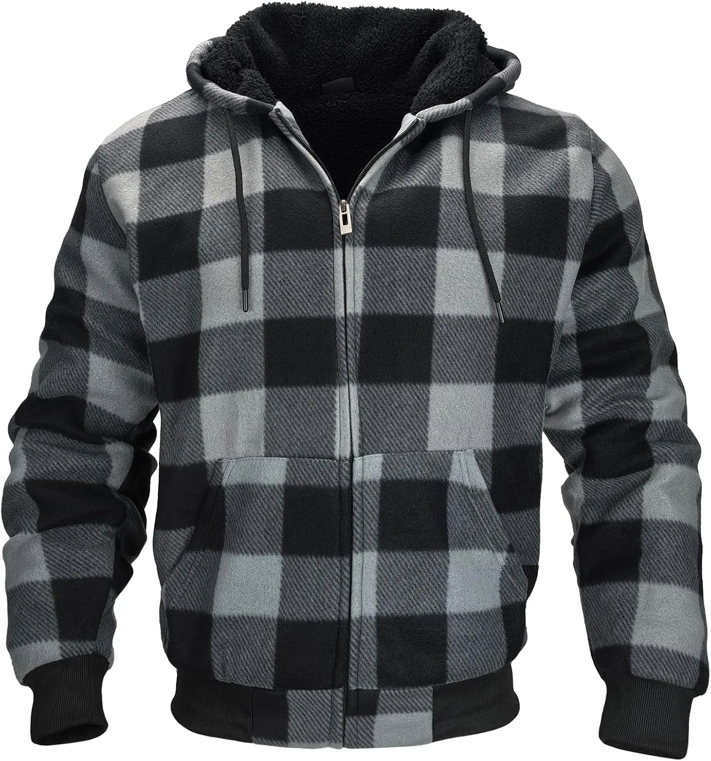 Men's Zip Up Fashion Hoodies Fleece Sherpa Lined Winter Warm Sweatshirt Plaid Flannel Hooded