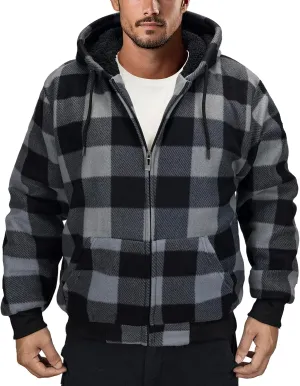 Men's Zip Up Fashion Hoodies Fleece Sherpa Lined Winter Warm Sweatshirt Plaid Flannel Hooded
