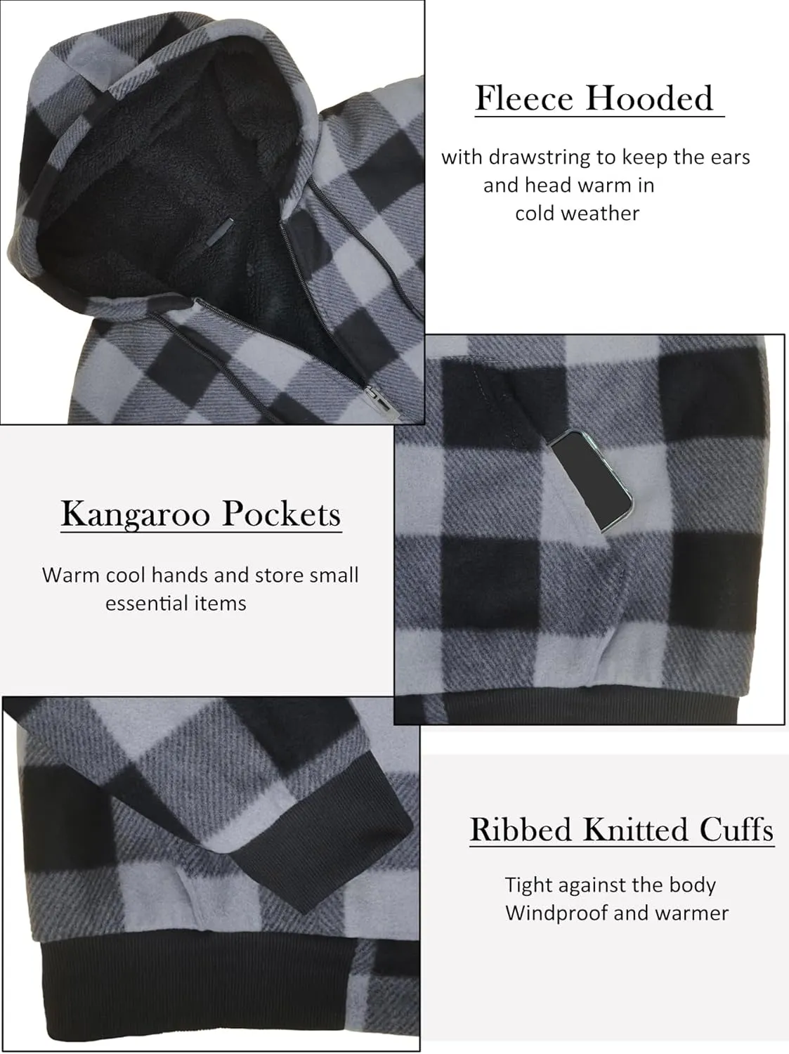 Men's Zip Up Fashion Hoodies Fleece Sherpa Lined Winter Warm Sweatshirt Plaid Flannel Hooded