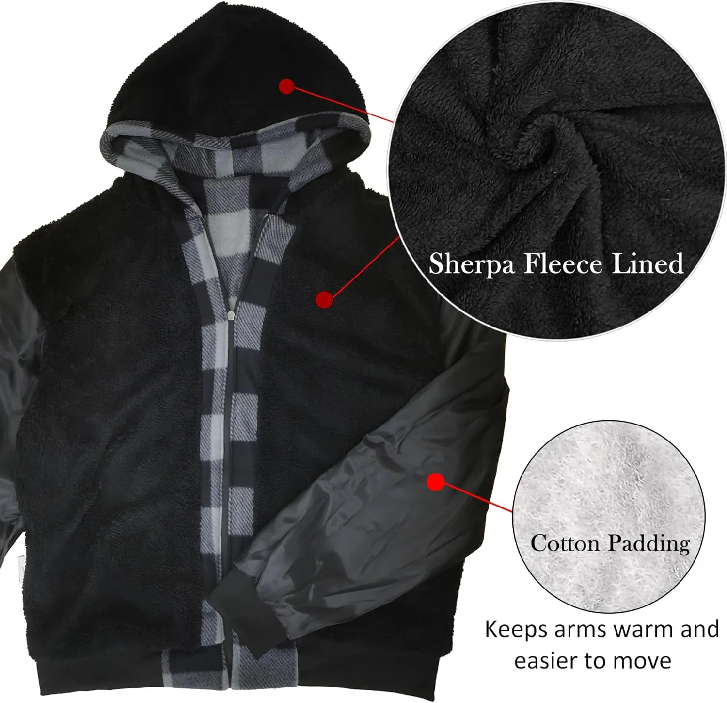Men's Zip Up Fashion Hoodies Fleece Sherpa Lined Winter Warm Sweatshirt Plaid Flannel Hooded