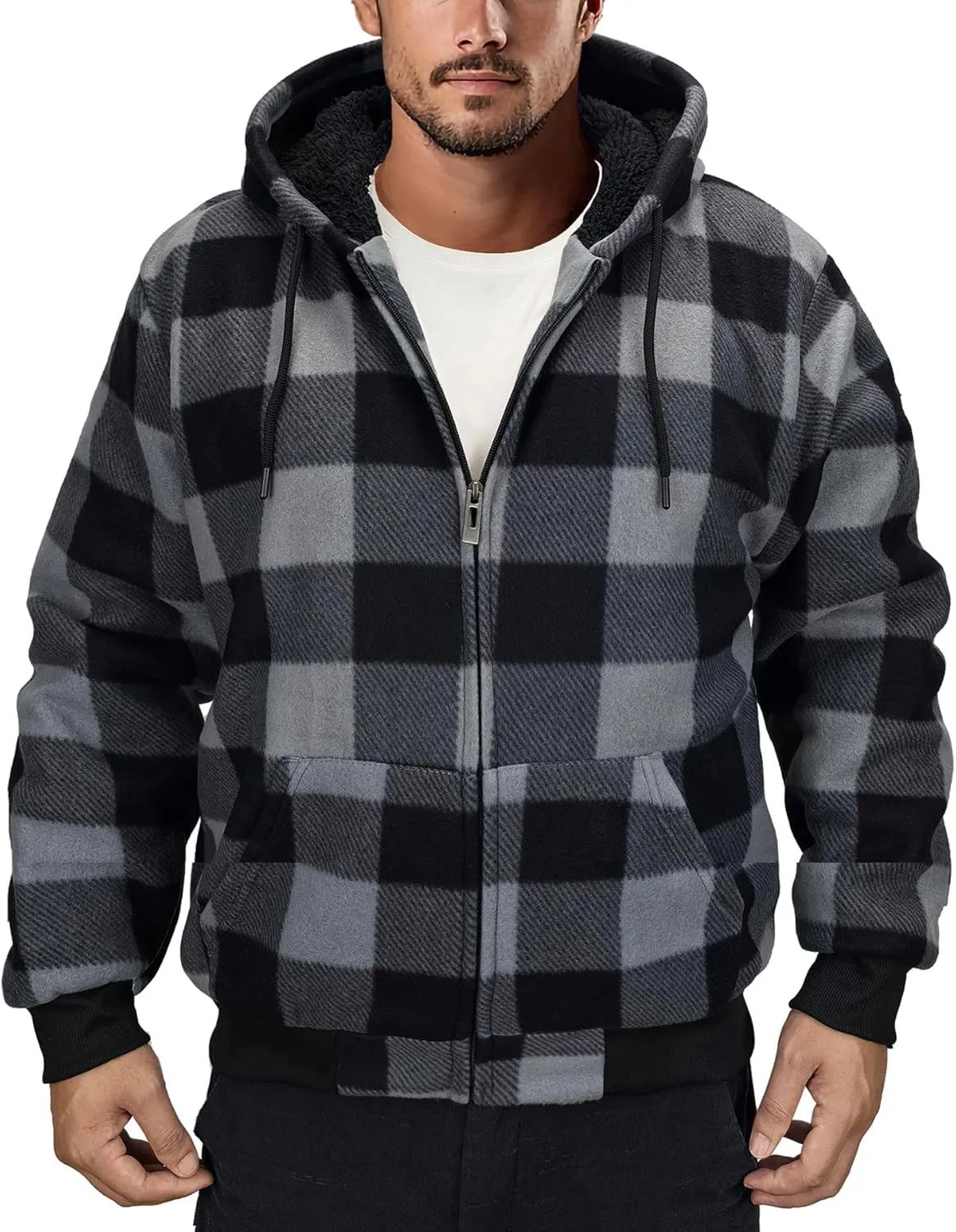 Men's Zip Up Fashion Hoodies Fleece Sherpa Lined Winter Warm Sweatshirt Plaid Flannel Hooded