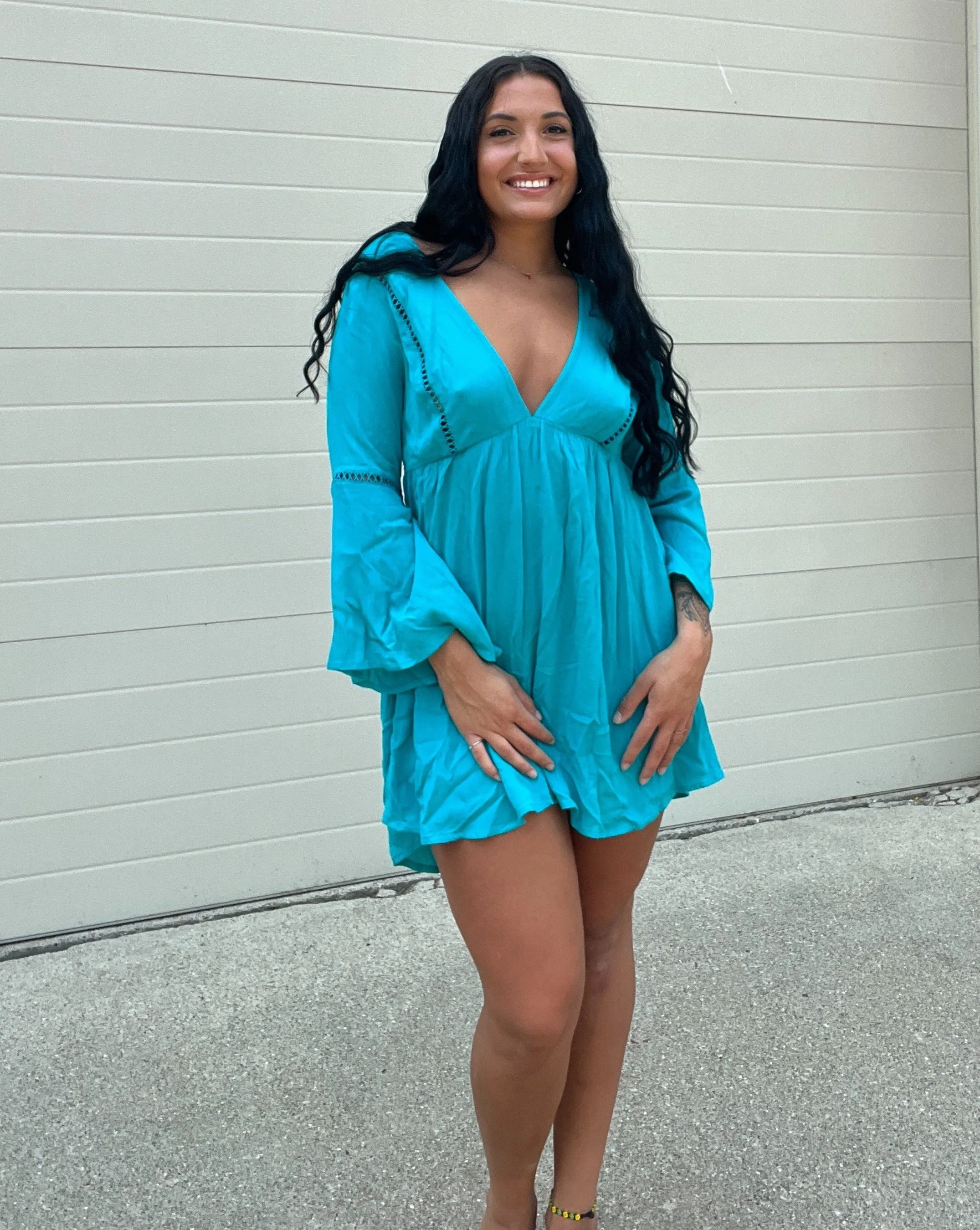 MEROKEETY V Neck Bell Sleeve Coverup Beach Dress