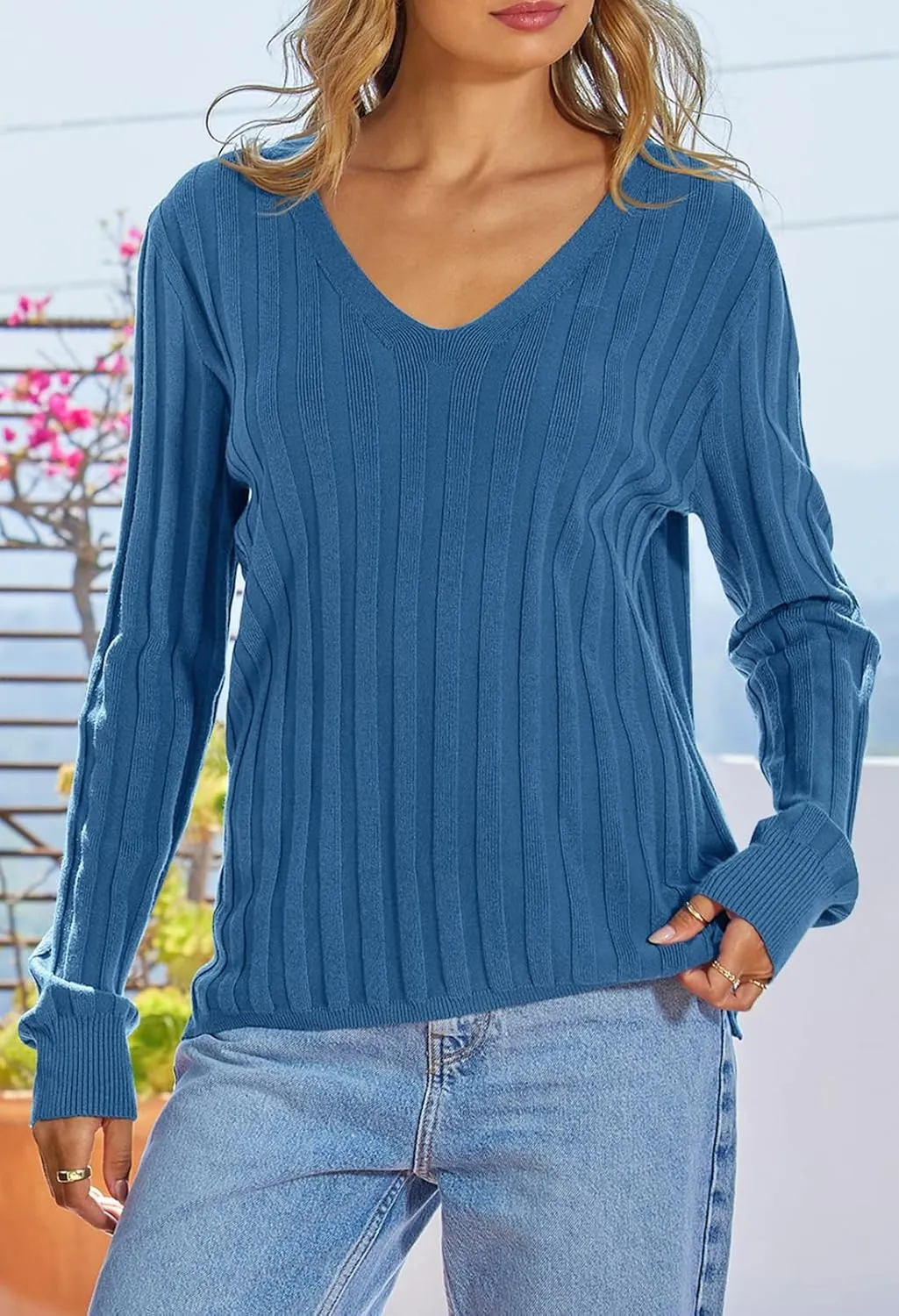 MEROKEETY Women's 2024 Fall V Neck Sweater Long Sleeve Ribbed Knit Casual Slim Fitted Pullover Top