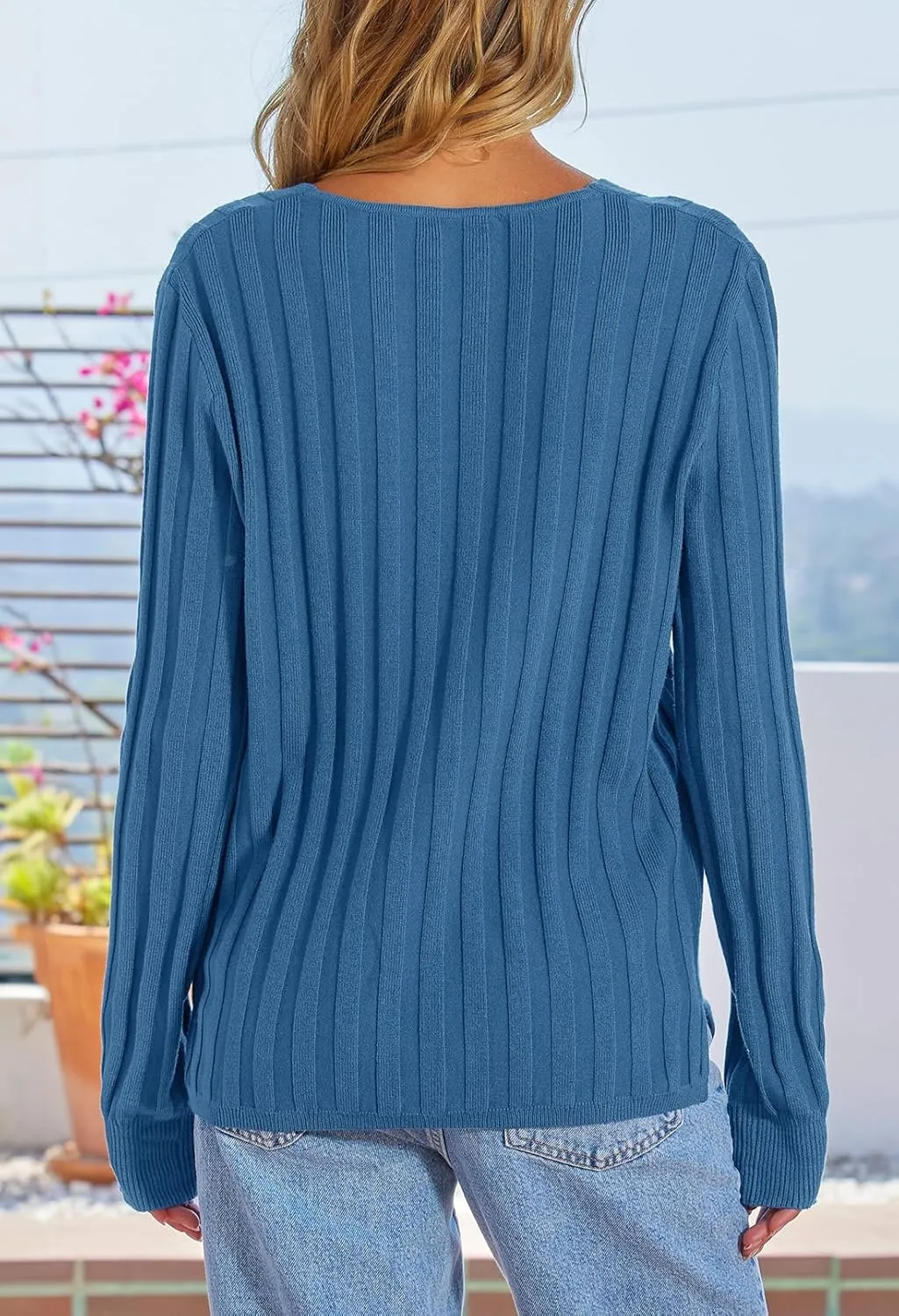 MEROKEETY Women's 2024 Fall V Neck Sweater Long Sleeve Ribbed Knit Casual Slim Fitted Pullover Top
