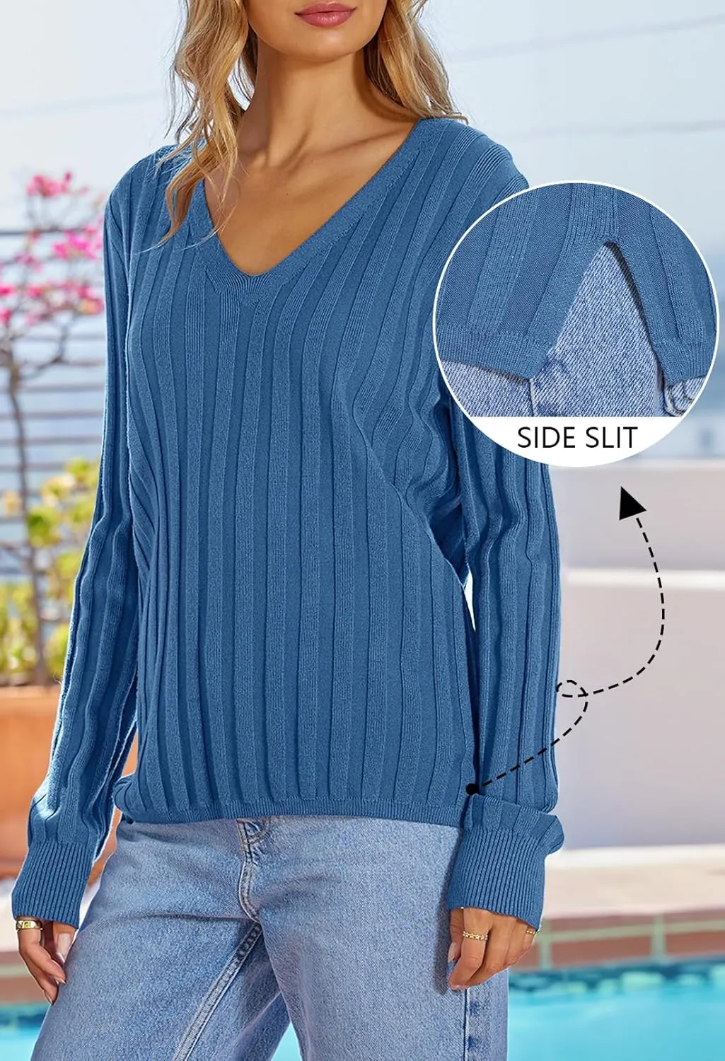MEROKEETY Women's 2024 Fall V Neck Sweater Long Sleeve Ribbed Knit Casual Slim Fitted Pullover Top