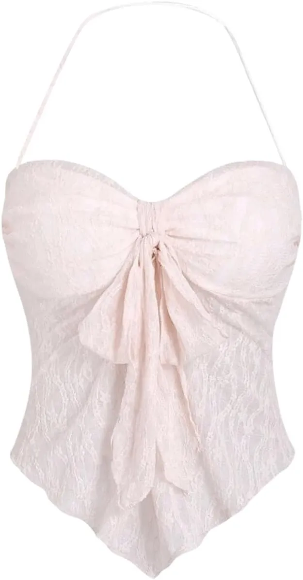 Milumia Women's Bow Tie Front Floral Lace Halter Top Backless Asymmetrical Hem Camisoles