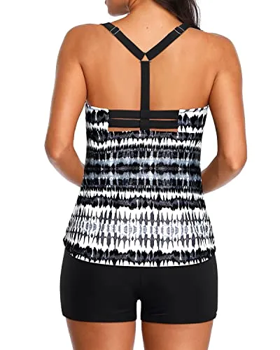 Modest Athletic Swimwear Tankini With Shorts For Women-Black And White Tribal