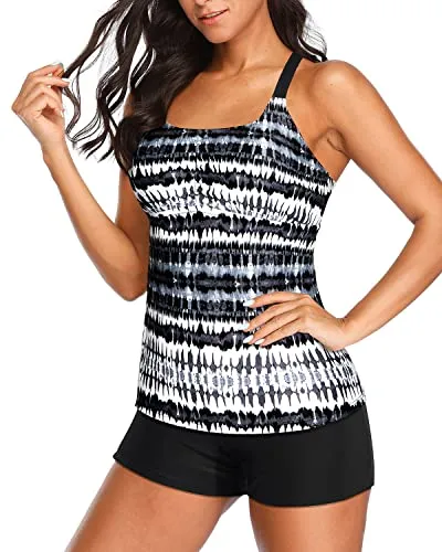 Modest Athletic Swimwear Tankini With Shorts For Women-Black And White Tribal