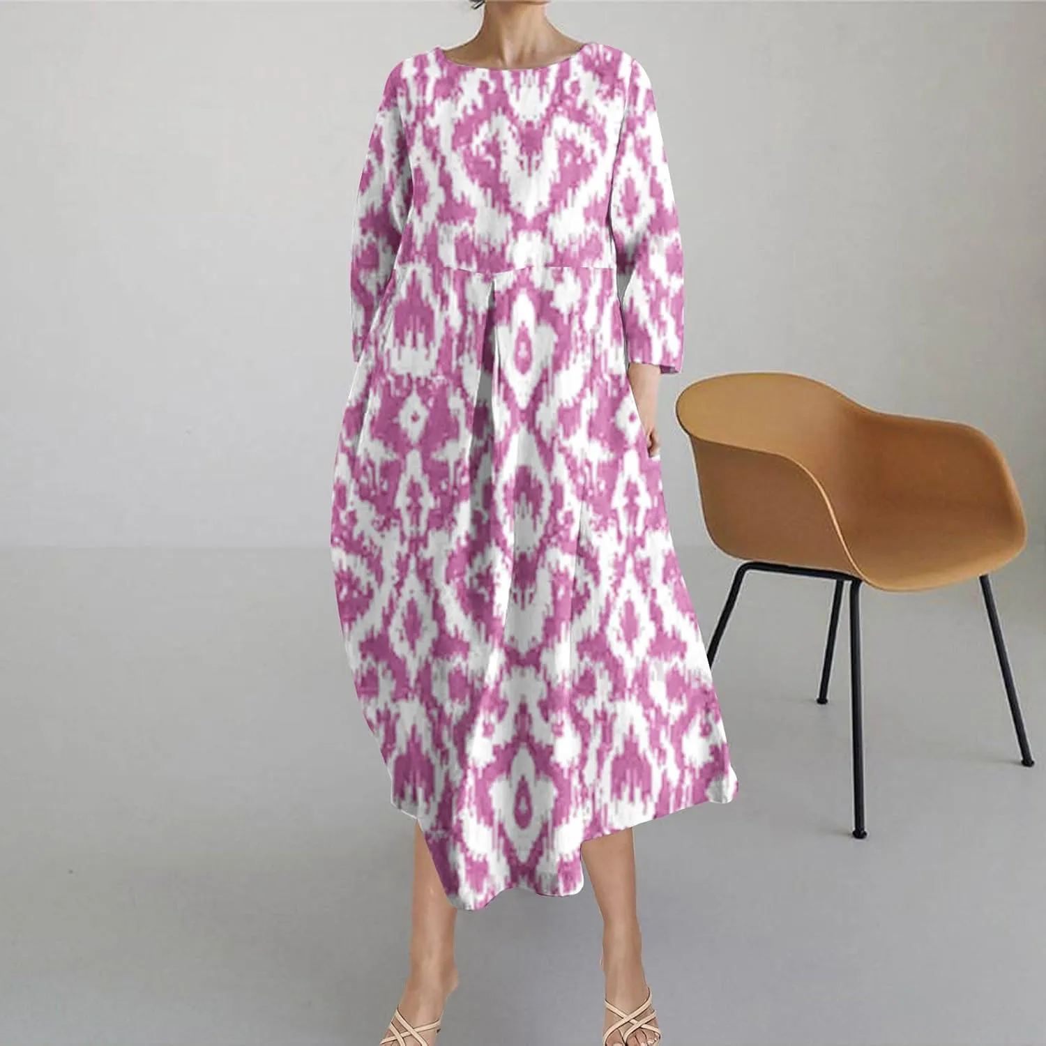 Moomoo Dresses for Women Fashion 3/4 Sleeve Crew Neck Beach Kaftan Dress Vintage Print High Waist Midi Lounge Dress