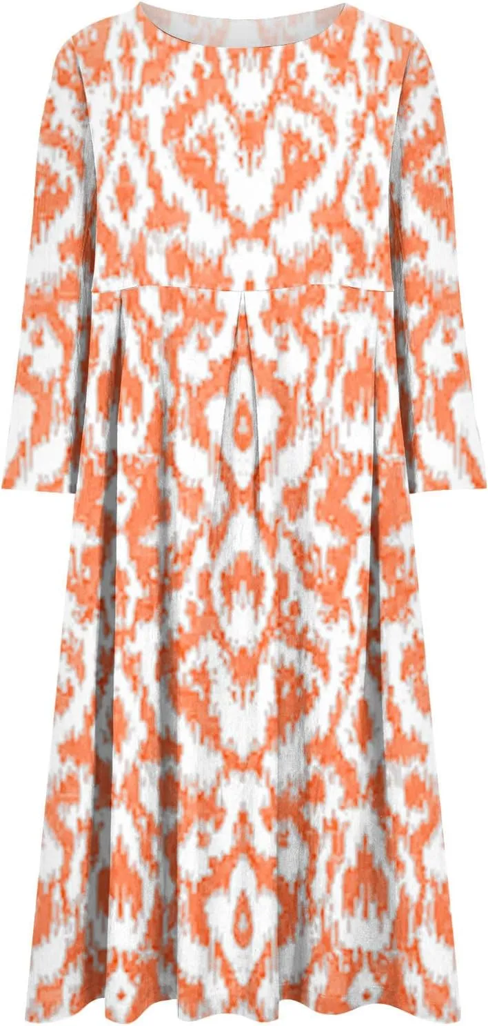Moomoo Dresses for Women Fashion 3/4 Sleeve Crew Neck Beach Kaftan Dress Vintage Print High Waist Midi Lounge Dress