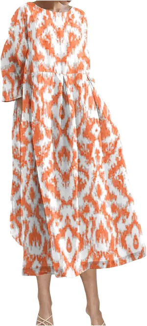 Moomoo Dresses for Women Fashion 3/4 Sleeve Crew Neck Beach Kaftan Dress Vintage Print High Waist Midi Lounge Dress